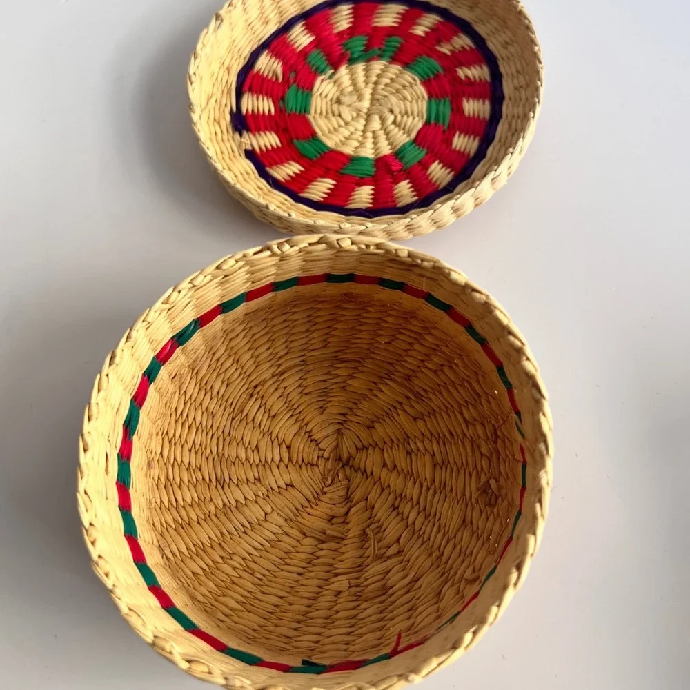 Vintage Handwoven Straw Trinket Basket with Lid Red Green Purple Boho Decor